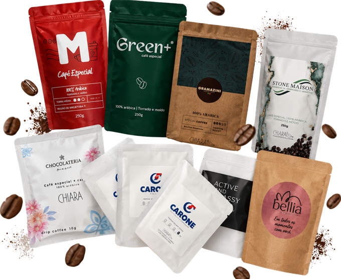 Diversas marcas de café personalizadas pela Café Chiara